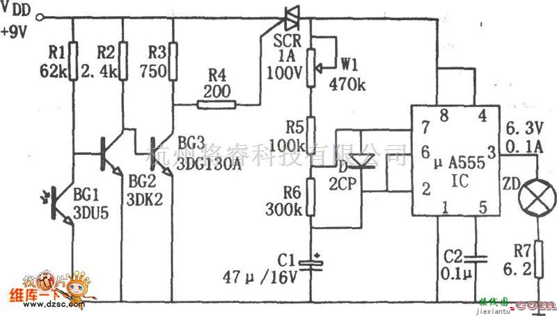 灯光控制中的μA555构成的夜间自动显亮灯电路图  第1张