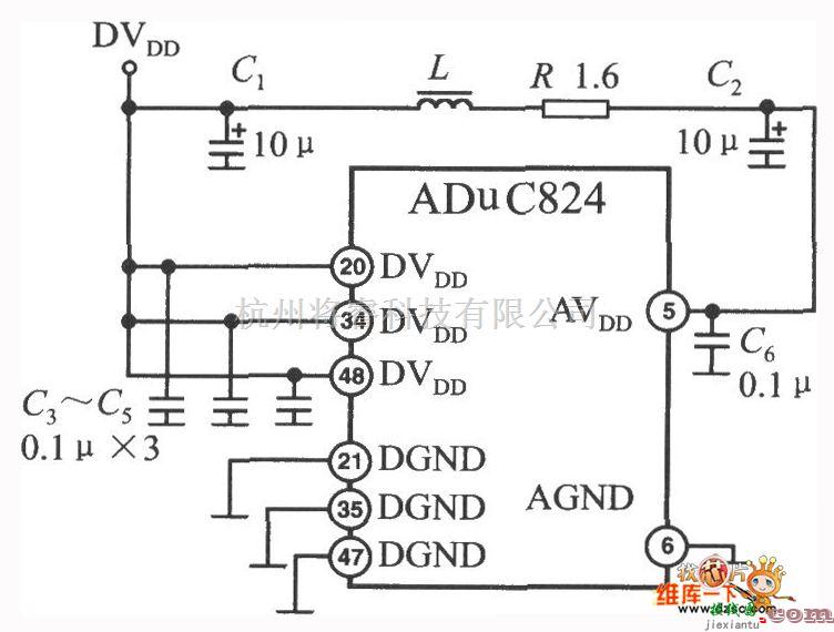 传感器单片系统应用方案中的高精度单片数据采集系统ADuC824单电源供电电路图  第1张