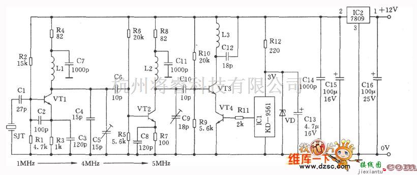 调频信号产生中的无线电发射报警器中的晶振稳频的调频电路图  第1张