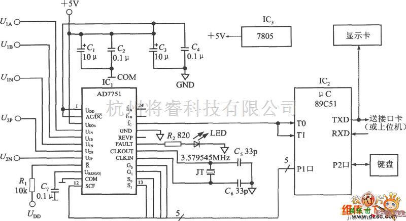 传感器单片系统应用方案中的电能计量系统的简化电路(单相电能计量系统AD7751)电路图  第1张