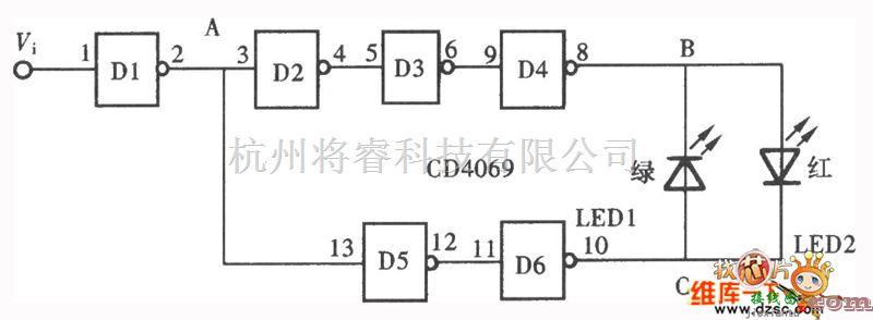 电工测试工具中的用门电路组成的发光型逻辑笔电路图(CD4069)  第1张