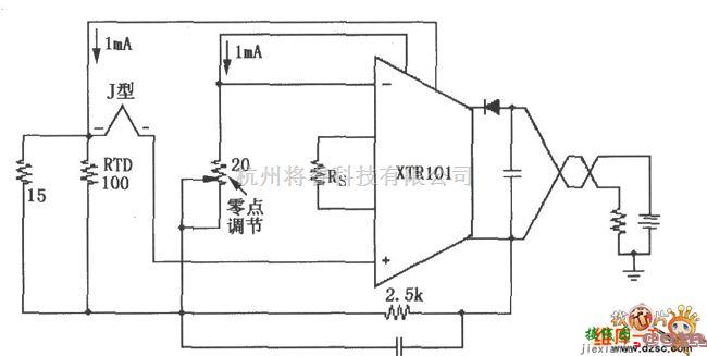 电流环放大中的XTR101构成的具有RTD冷端补偿的热电偶输入电路图  第1张