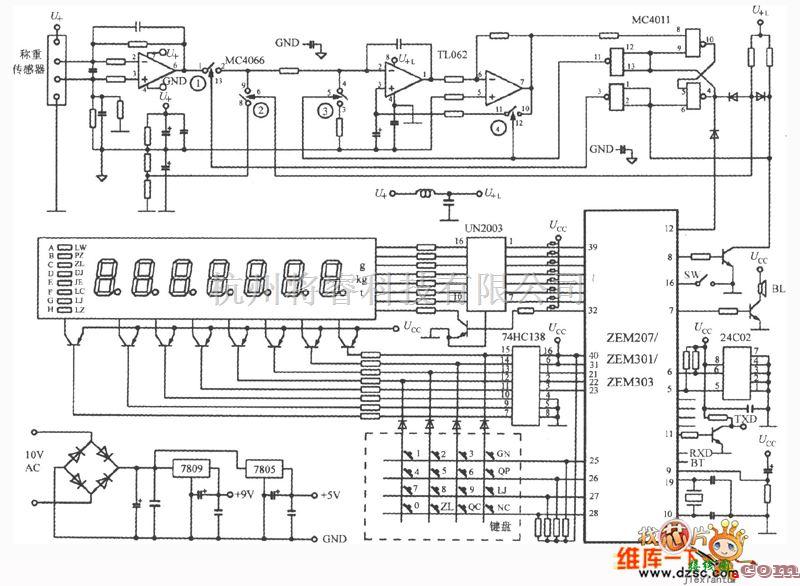 传感器单片系统应用方案中的由单片电子称重系统ZEM系列构成单片电子称重系统的电路图  第1张