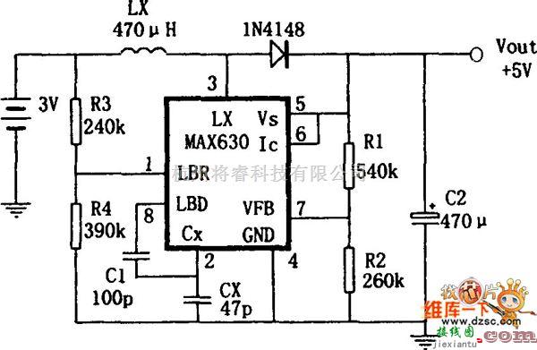 DC-DC中的MAX630构成的具有频率自动偏移特点的升压变换电源电路图  第1张