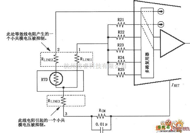 电流环放大中的XTR108三线RTD连接电路图  第1张