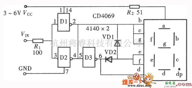 电工测试工具中的用门电路组成的文字显示型逻辑笔电路图之一(CD4069)  第1张