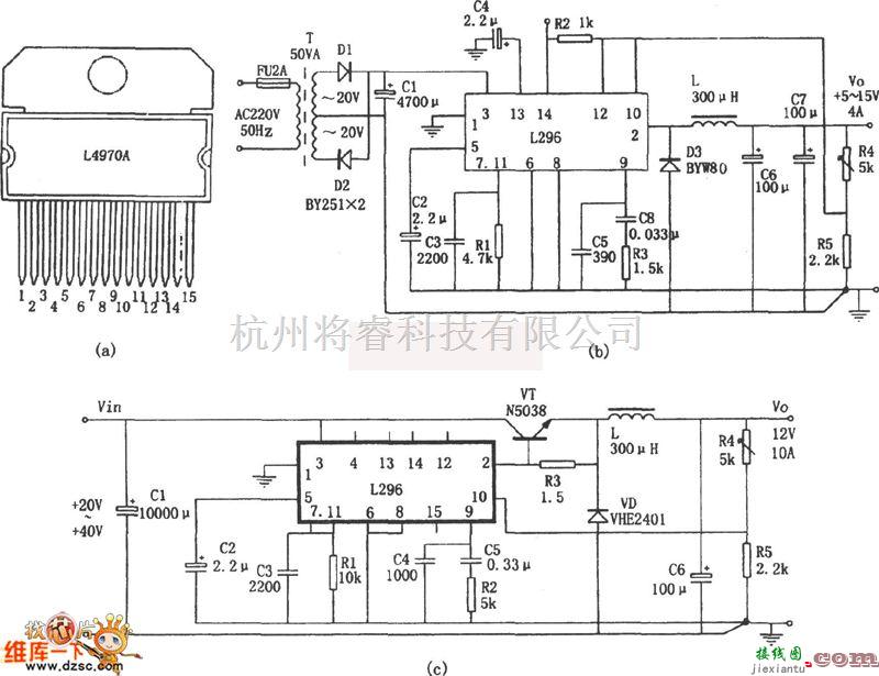 开关稳压电源中的L296大电流开关电源芯片组成的稳压电源电路图  第1张