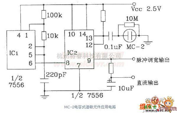 湿敏电路中的电容式湿敏元件应用电路图  第1张