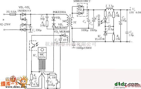 开关稳压电源中的90W 输出15V 6A的开关稳压电源电路图  第1张