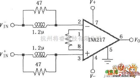 仪表放大器电路中的INA217的输入稳定网络电路图  第1张