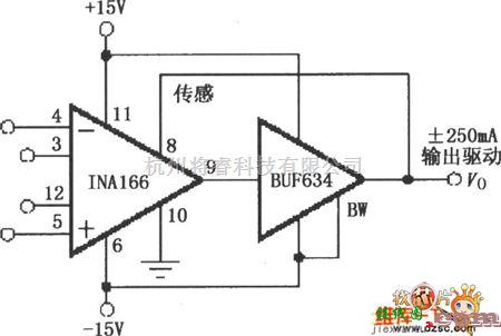 仪表放大器电路中的INA166增加输出电流的缓冲电路图  第1张