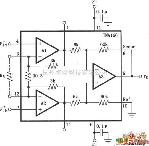 仪表放大器电路中的INA166的信号和电源的基本连接电路图  第1张