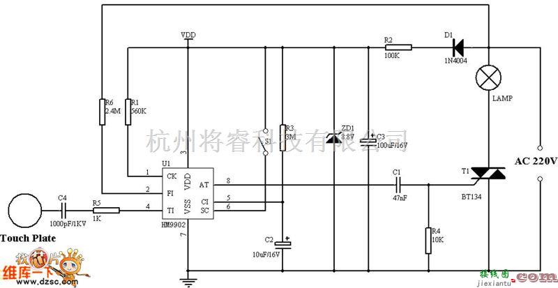 灯光控制中的二态触摸调光控制电路图  第2张