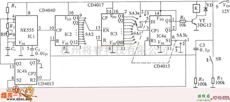 继电器控制中的可调式通用时间继电器(NE555、CD4013)电路图  第1张