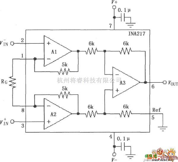 仪表放大器电路中的INA217信号和电源的基本连接电路图  第1张
