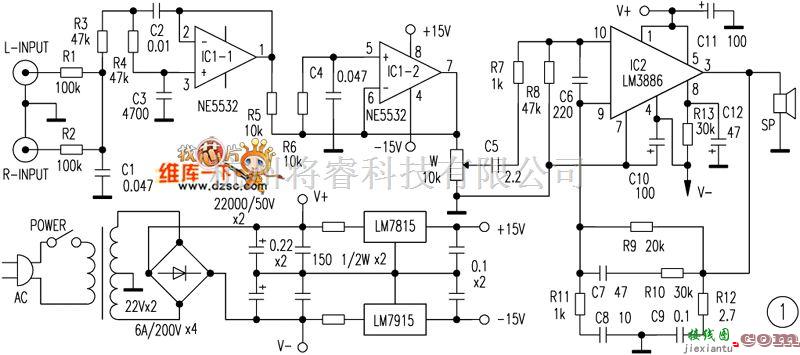 仪表放大器中的LM3886制作的超低音放大器电路图  第1张