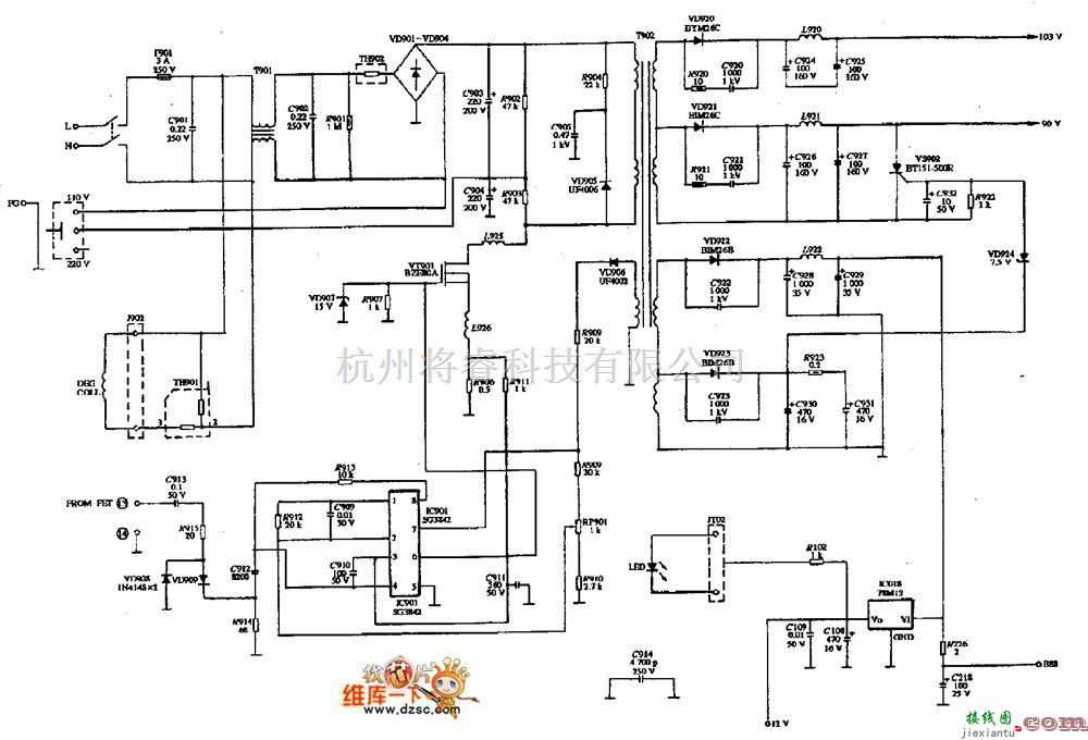 显示器电源中的AM A-4040型显示器电源电路图  第1张