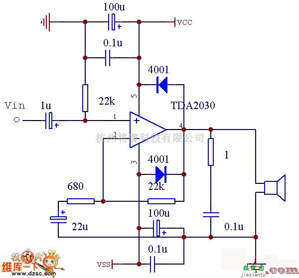 电子管功放中的TDA2030功放电路双电源接法电路图  第1张