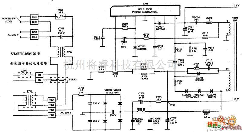 显示器电源中的SHARP K-160170型显示器电路图  第1张