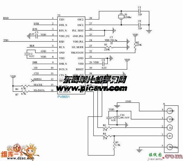 接口电路中的usb转232串口电路图  第1张