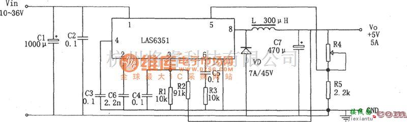 开关稳压电源中的用LAS6351构成的大电流高效开关稳压电源电路图  第1张