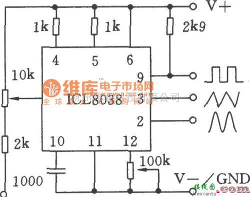 函数信号产生器中的单片精密函数发生器ICL8038应用电路三电路图  第1张