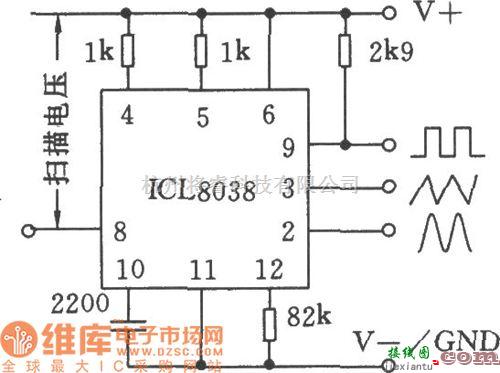 函数信号产生器中的单片精密函数发生器ICL8038应用电路二电路图  第1张