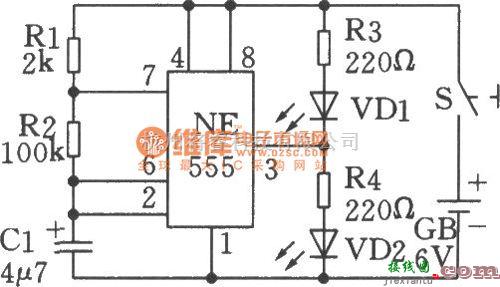 低频信号产生中的利用555时基电路制成的低频振荡(闪烁发光电路)电路二电路图  第1张