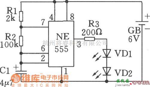 低频信号产生中的利用555时基电路制成的低频振荡(闪烁发光电路)电路一电路图  第1张