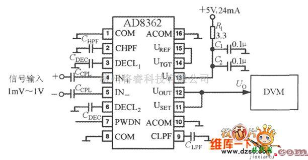 传感器单片系统应用方案中的由单片真有效值功率测量系统AD8362构成真有效值电平测量仪电路图  第1张