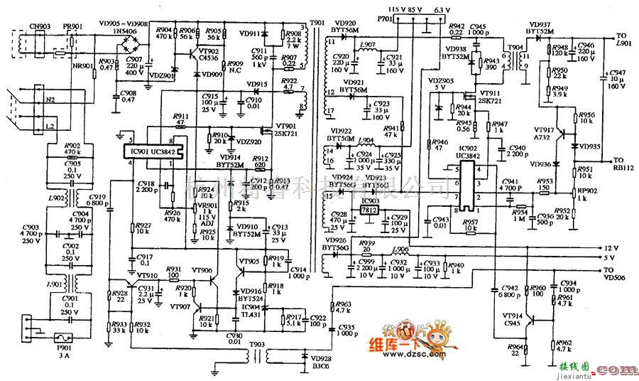 显示器电源中的VGA彩色显示器ENVISION CM-335F型的电源电路图  第1张