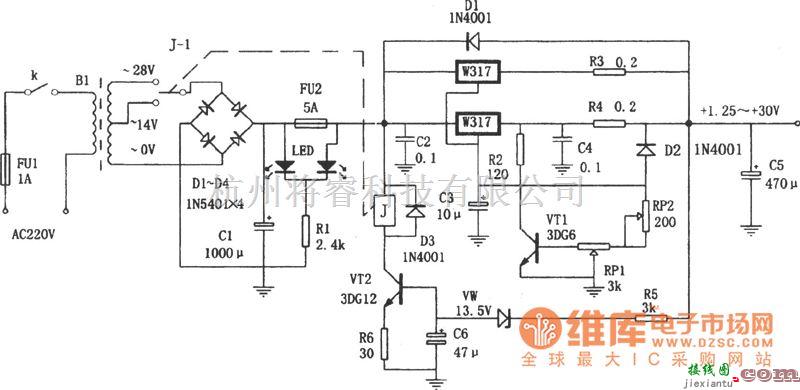 稳压电源中的LM317构成的自适应可调稳压电源电路图  第1张