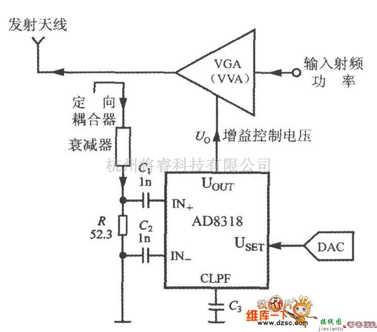 传感器单片系统应用方案中的由单片射频功率测量系统AD8318构成的射频功率控制器电路图  第1张