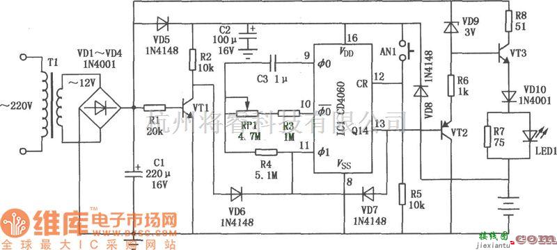 充电电路中的具有定时功能的镉镍电池充电器(CD4060)电路图  第1张