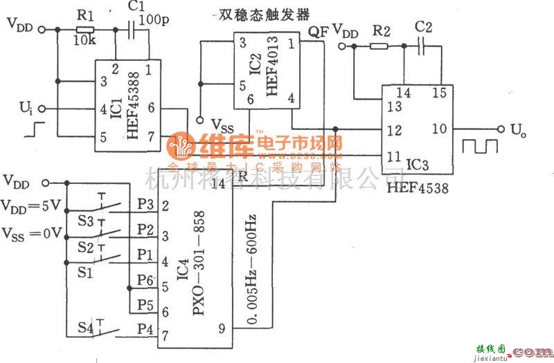 脉冲信号产生器中的双脉冲发生器(HEF4538)电路图  第1张