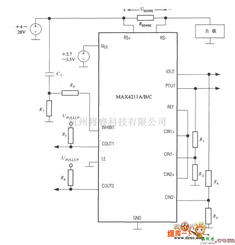 传感器单片系统应用方案中的直流功率及电流测量系统MAX4211的典型应用电路图  第1张