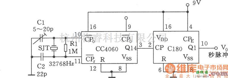 秒信号产生中的由CC4060构成的秒信号发生器电路图  第1张