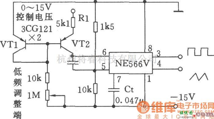 压控信号产生器中的宽范围可控的压控振荡器(NE566V)电路图  第1张