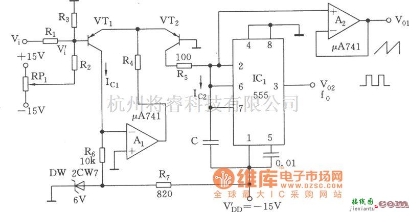 压控信号产生器中的指数式压控振荡器(555)电路图  第1张