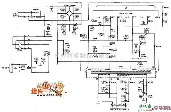 显示器电源中的彩色显示器SAMPO KDS-1342E型的电源电路图  第1张