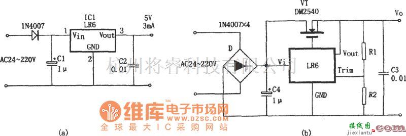 稳压电源中的由LR6构成的不用变压器的稳压电源电路图  第1张