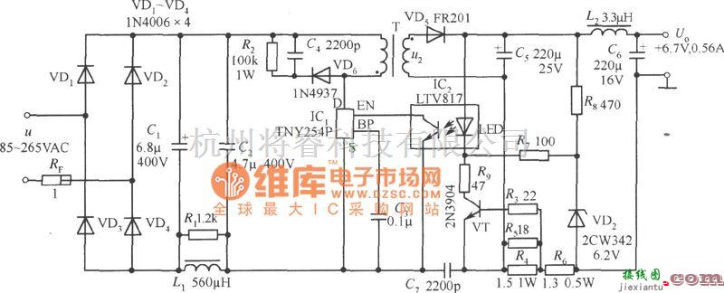 充电电路中的手机电池恒流充电器(TNY254P +6.7V、0.56A)电路图  第1张