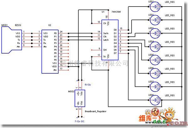 LED电路中的8个74HC595驱动的LED电路图  第1张