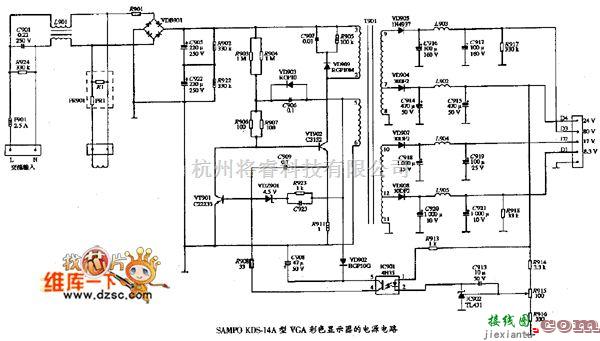 显示器电源中的VGA显示器SAMPO KDS-14A型的电源电路图  第1张