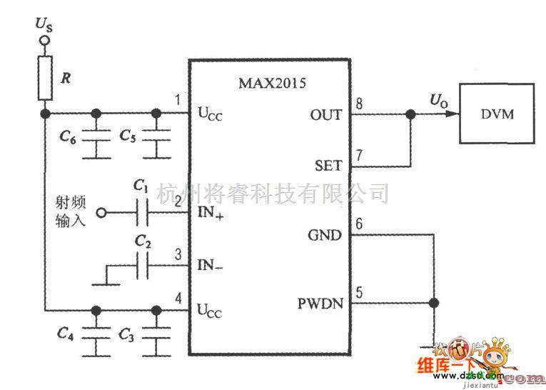 传感器单片系统应用方案中的由单片射频功率测量系统MAX2015构成射频信号接收强度指示仪电路图  第2张