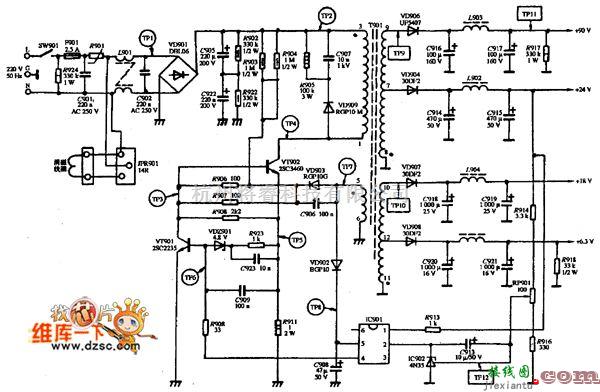 显示器电源中的彩色显示器(SAMPO KOS-1429型)的电源电路图  第1张