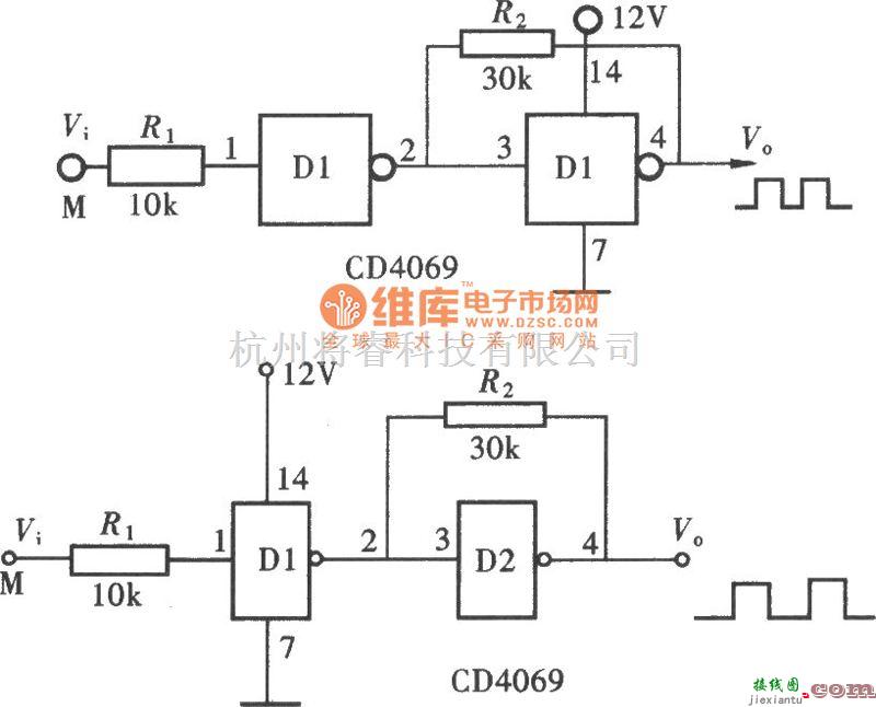 脉冲信号产生器中的用门电路组成的脉冲整形电路(CD4069)电路图  第1张