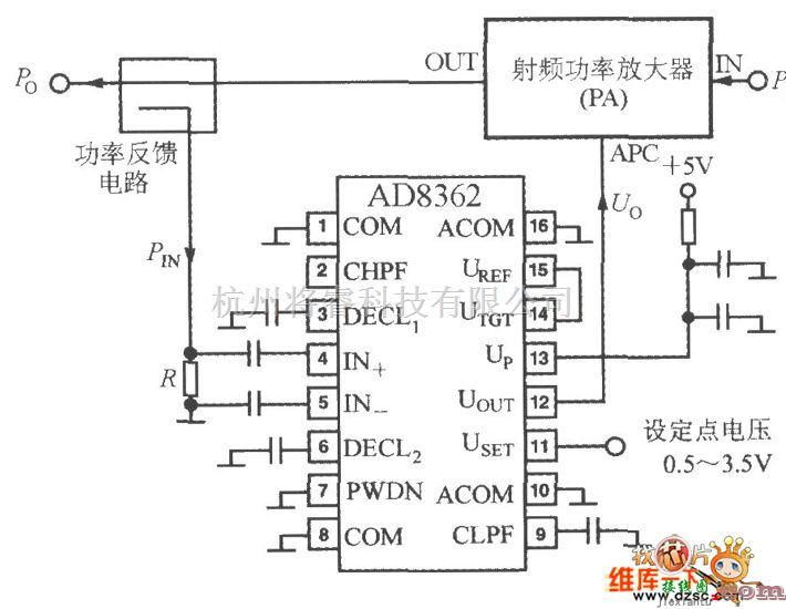 传感器单片系统应用方案中的由单片真有效值功率测量系统AD8362构成射频功率控制系统电路图  第1张