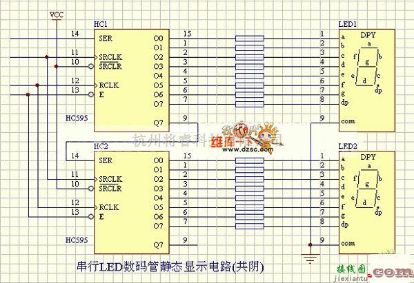 LED电路中的串行LED数码管静态显示电路图  第1张