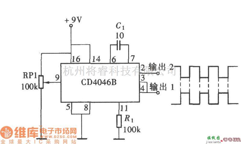 函数信号产生器中的用CD4046产生相位相反的对称方波电路图  第1张